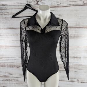 Shein Black Collar Ribbed Bodysuit with Polkadot Mesh Bodysuit